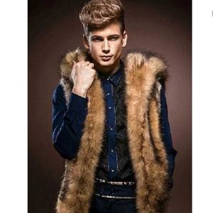 Idopy Men`s Luxury Faux Fur Hoodie  Jacket Vest